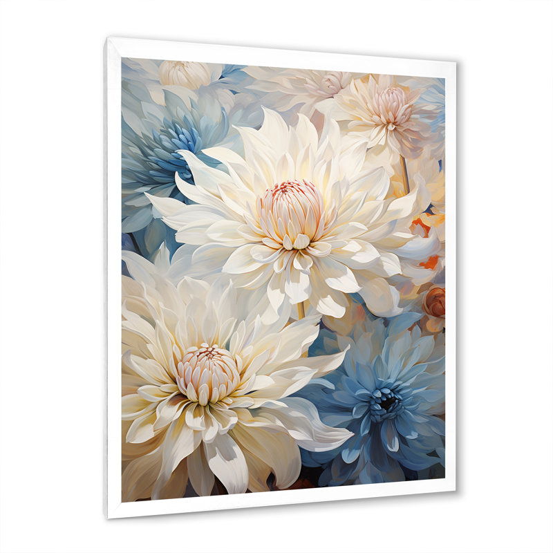 «Blooming Mums» en beige et bleu sur toile, H 20 po x l 12 po x P 1 po, Cadre simple blanc