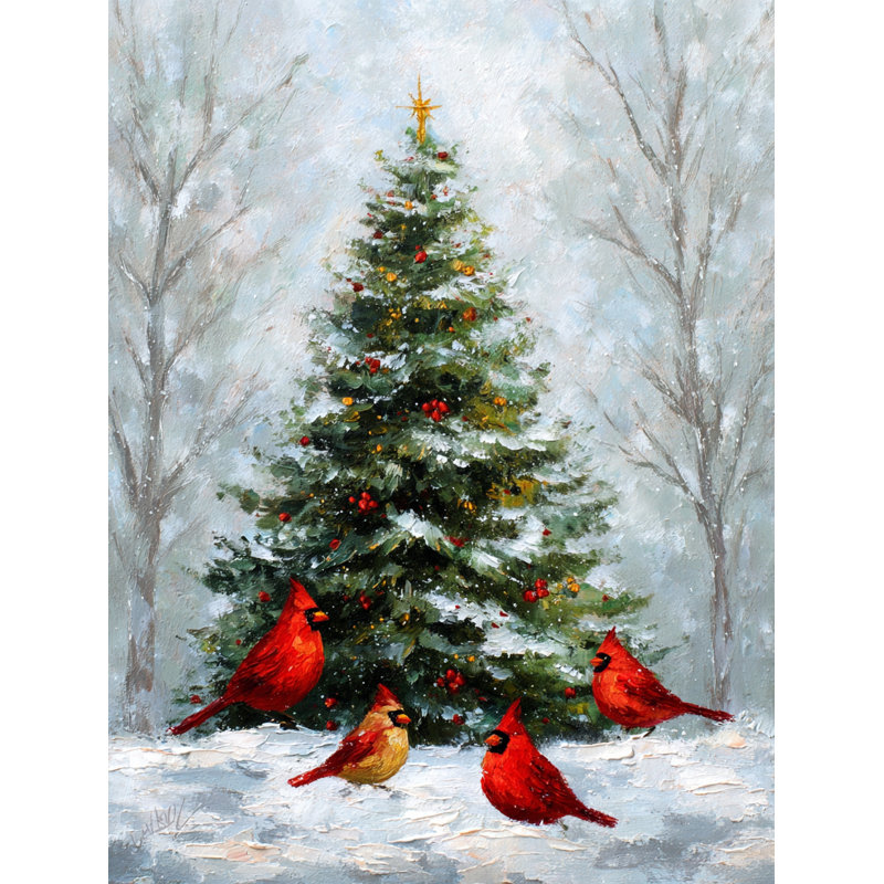 «Cardinals by the Christmas Tree», art mural sur toile, H 36 po x l 24 po