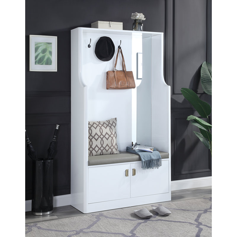 Edelfried Contemporary Rectangular Hall Tree with 3 Hooks and Bench in White