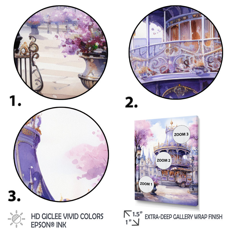 Carrousel de la grande roue mauve éternelle III - reproduction sur toile, H 32 po x l 16 po x P 1 po, Encadrement doré