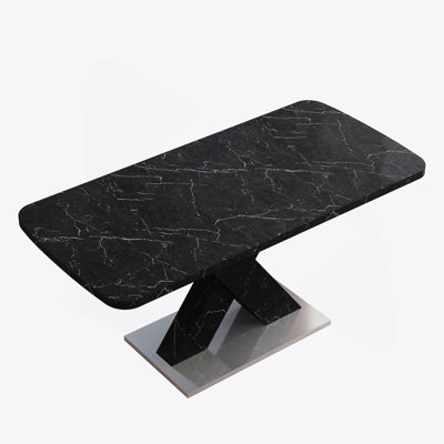 Modern Dining Table,Stretchable,Printed Black Marble Table Top+MDF