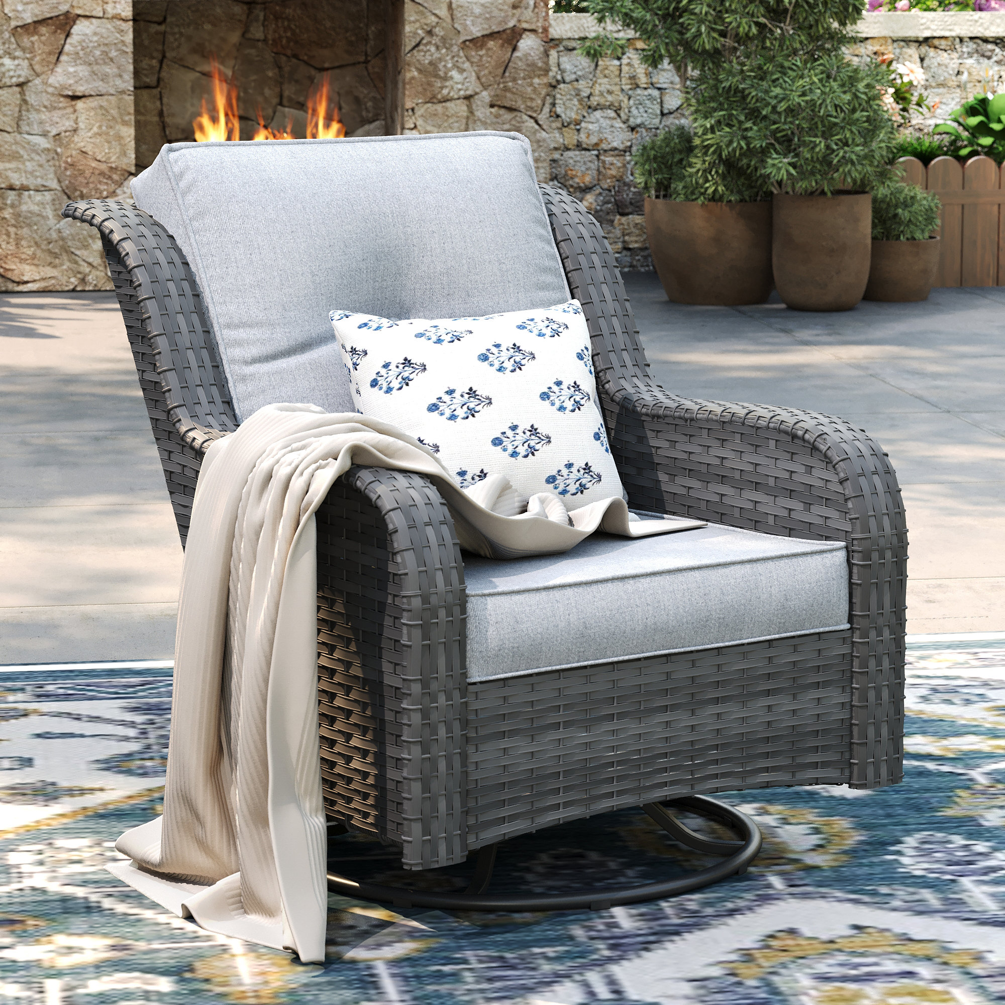 Blue Winston Rocker Winston Porter Patio Wicker Swivel Rocker Chair with Cushions & Reviews ...
