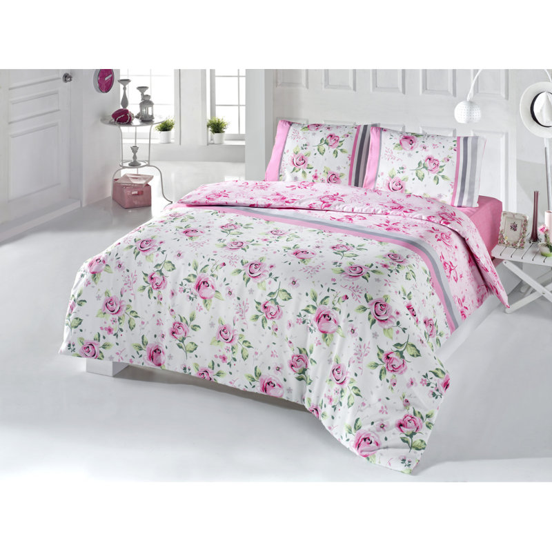 Ensemble de housse de couette moderne et contemporain en mélange de coton blanc / rose / vert Eshnika 3 pièces