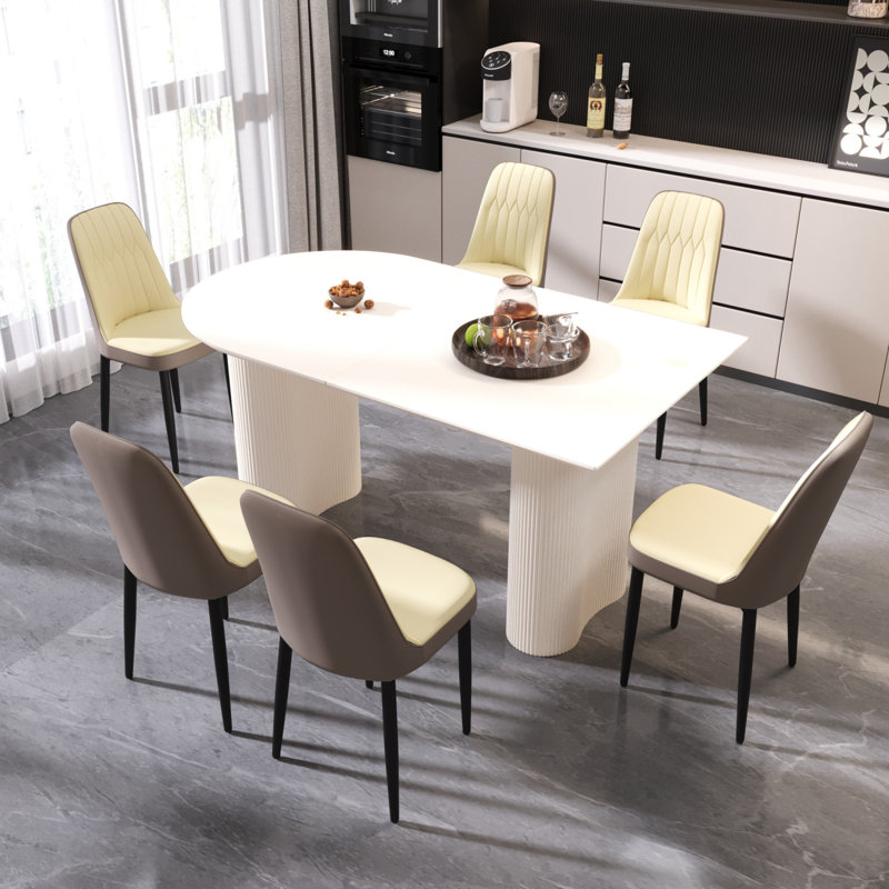Ensemble de table de salle à manger en bois aggloméré 63 po 63 po, 7 pièces : table, 6 chaises, Beige/gris