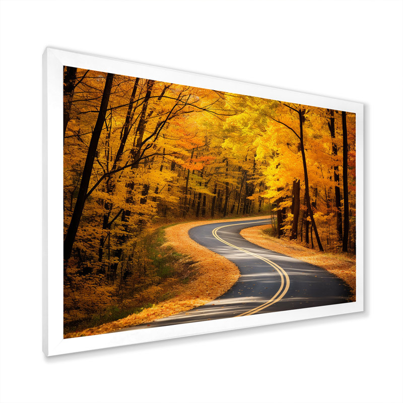 «Golden Road Into The Autumn Forest II - Road», art mural, Cadre de coin blanc fermé, H 12 po x l 20 po x P 1 po