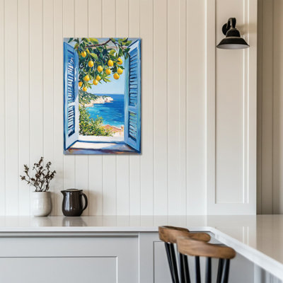 Lemon Wall Art, Mediterranean Kitchen Wall Decor, Canvas Wall Art Prints for Kitchen, Vintage Italian Window Poster, Fruit Pictures for Kitchen Wall Art Decor, Ready to Hang Artwork 12" × 16"