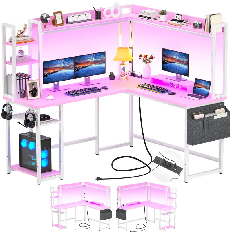 Bureau en L Bianco avec huche et prise de courant, bureau d'ordinateur de coin de jeu avec lumières DEL, Rose/Blanc