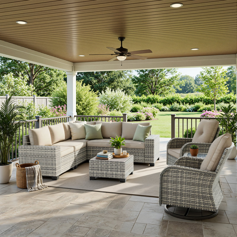 9-Piece Outdoor HDPE Wicker Patio Conversation Set With Wide Armrests, Sectional Sofa & Swivel Chairs, Taupe
