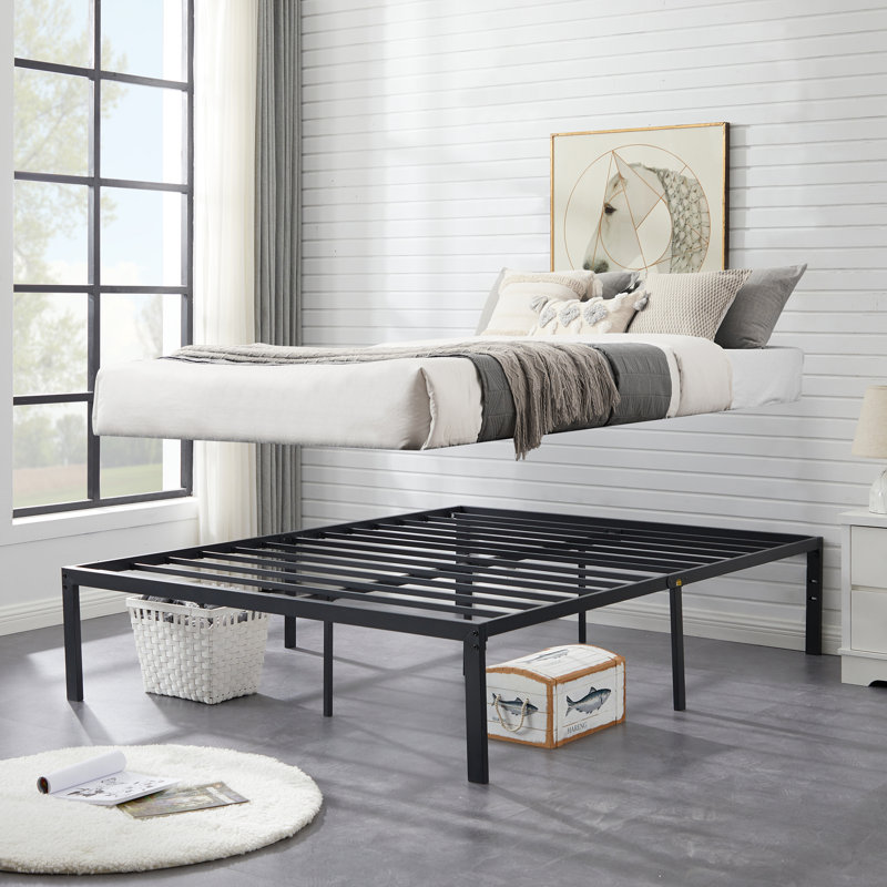 Ensemble de chambre avec lit plateforme et table de chevet en métal 3 pièces Blinni, Noir, Grand