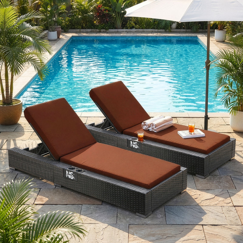 Chaise longue moderne en osier PE avec coussins, dossier inclinable réglable pour patio, piscine et jardin, Bourgogne