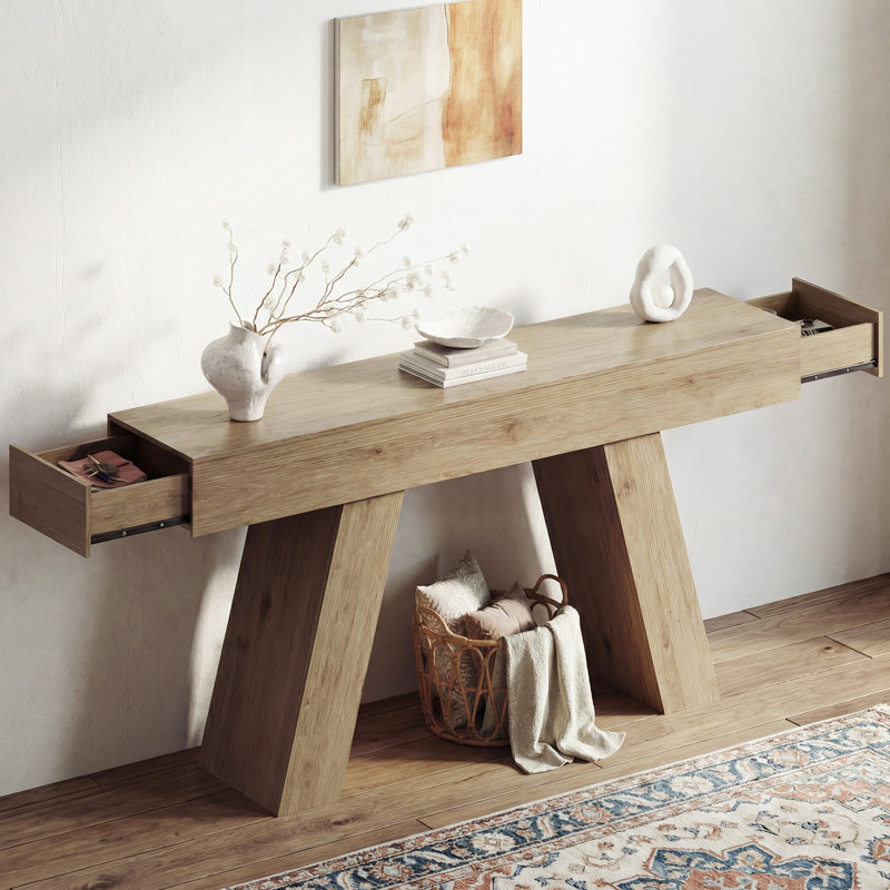 Console 63 po en bois avec tiroirs - Table de canapé d'entrée / de couloir, Marron clair, Marron clair