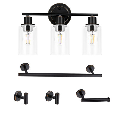 Luminaire de salle de bain à 3 lumières en bronze huilé avec abat-jour en verre transparent, barre Rowel de 16,04 po, porte-papier hygiénique et deux crochets à peignoir, 5 pièces