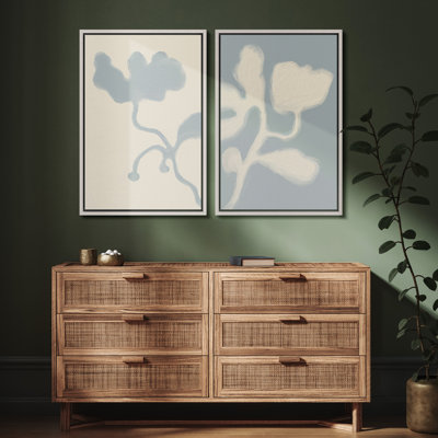 Minimalist Blue Botanical Shadow Canvas Print Wall Art Set of 2 - Neutral Modern Decor for Bathroom or Hallway