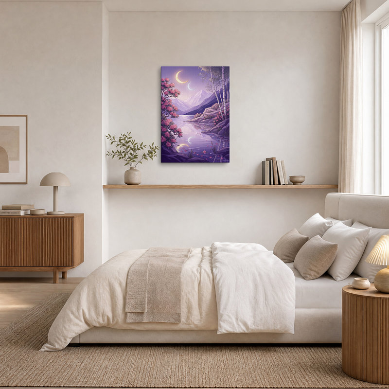 «Mauve montagne lac avec deux lunes et fleurs roses», art mural, H 40 po x l 28 po