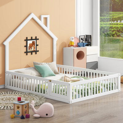 Rustic White Wood Full Size House Bed With Guardrail - Bedroom Assurance Element