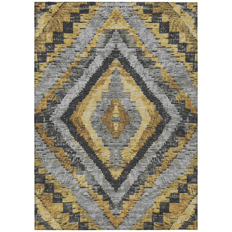 Machine Washable Indoor/Outdoor Xhevrie Gold Rug, Rectangle 10' x 14'