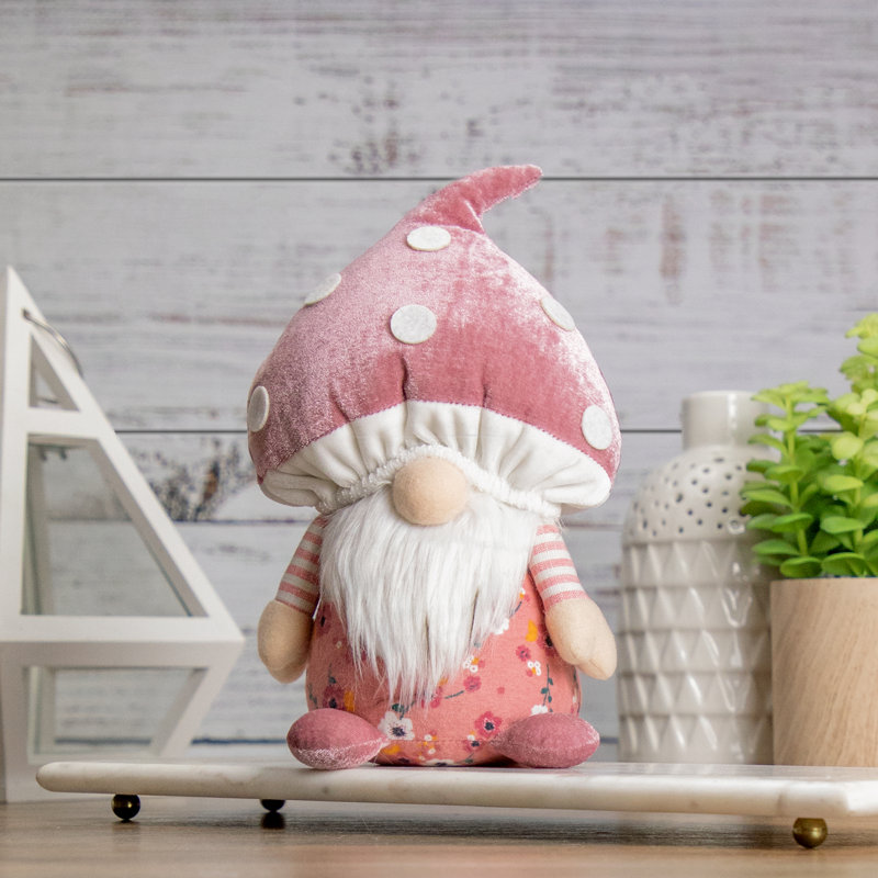 Pink Floral Mushroom Gnome Figurine with White Beard