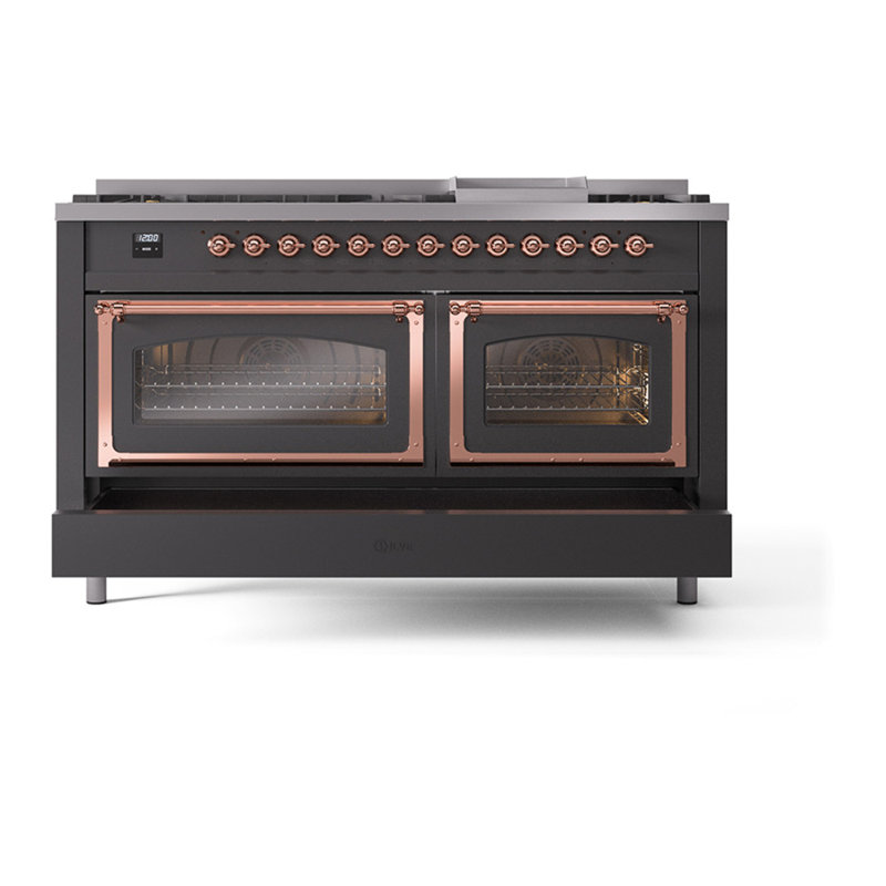 Cuisinière à double combustible ILVE Nostalgie II Series 60 po avec 9 brûleurs scellés et plaque de cuisson (gaz naturel, porte vitrée)