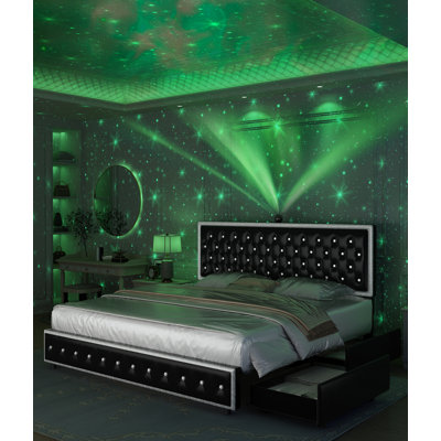 Vintage Upholstered Platform Bed Frame With Galaxy Projector, 4 Dust-Proof Storage Drawers, Nailhead Trim Adjustable Headboard, LED Bed Frame, No Box Spring Needed, Easy Assembly, Khyrell