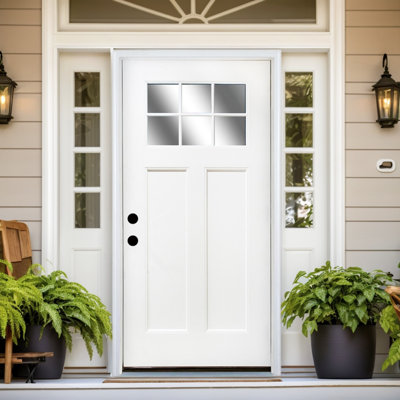 Porte d'entrée en fibre de verre, 36 po x 80 po, avec cadre de porte à motif de brique, cadre de porte en vinyle de 4-9 / 16 po, apprêt blanc, ouverture intérieure à droite, porte avant amovible, convient aux portes d'entrée résidentielles
