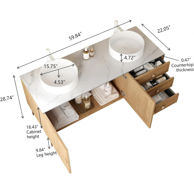Meuble-lavabo 60 po avec 2 lavabos en céramique, 3 tiroirs et 2 portes, 5 pieds en métal, pré-assemblé