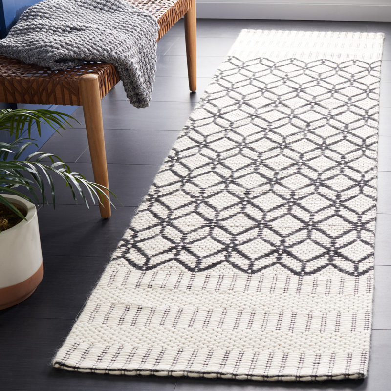 Allyx Hand Woven Wool/Cotton Geometric Rug in Ivory/Black, Runner 2'3" x 8'
