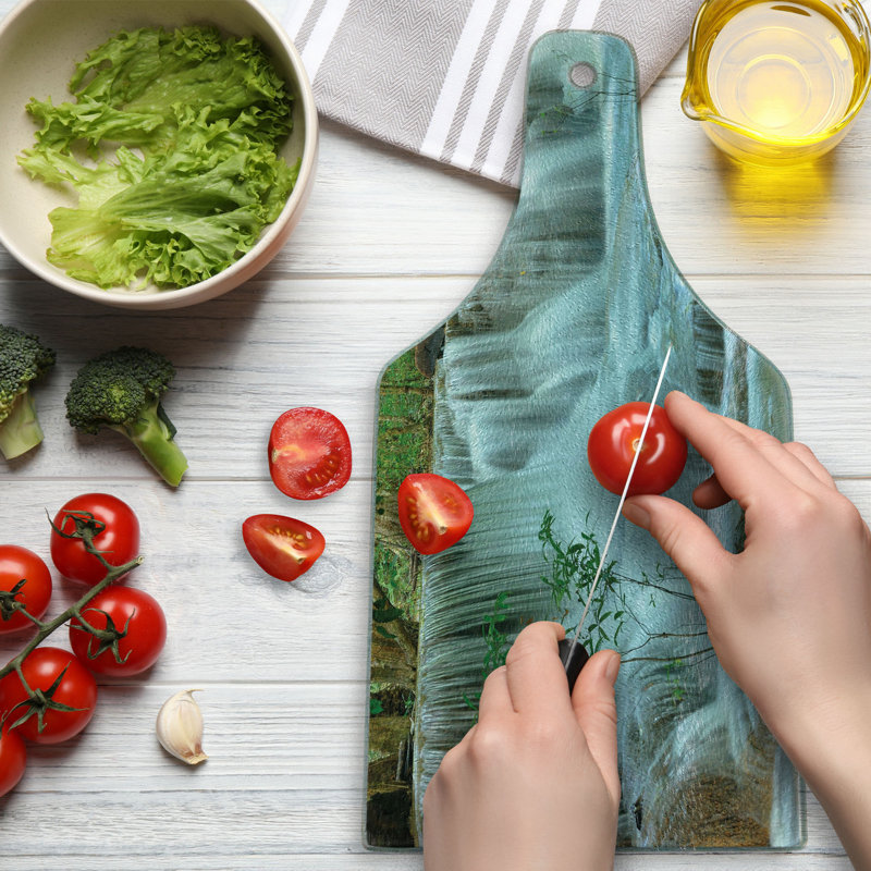 Ambesonne Nature Tempered Glass Cutting Board Waterfall Jungle Stream Tree Green and Brown