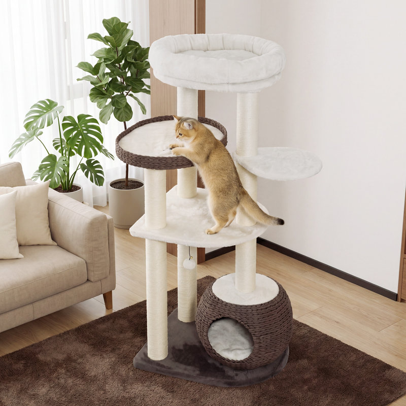 Arbre à chat à niveaux multiples 53 po - Tour pour chat en rotin tissé à la main avec condo, perchoirs et poteaux à griffer en sisal