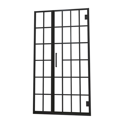 Porte de douche l 34 po x H 72 po Porte de douche pivotante sans cadre avec motif en verre, entrée ouverte, noir mat