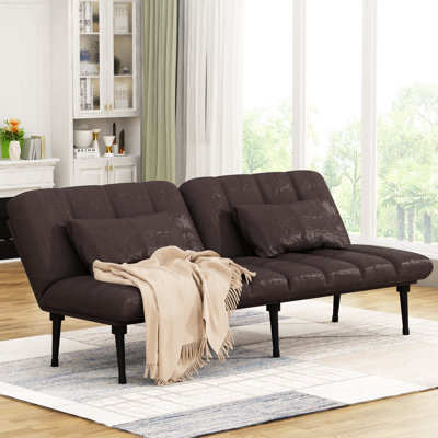Convertible Futon Sofa Bed With 5-Angle Adjustable Backrest And 2 Pillows, Modern Style Faux Leather Folding Sleeper Couch Tufted Recliner Lounge With Metal Frame And Legs, For Living Room Home Furniture