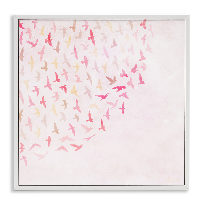 Oiseaux roses flottants, estampe numérique de Carrie Cantwell, Blanc, H 12 po x l 12 po
