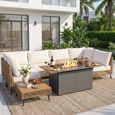 Ensemble de sièges modulaires en résine tressée 7 pièces avec table de foyer extérieur de 162 cm