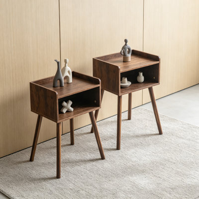 Nightstands Set of 2, Mid Century Modern Side Tables with Storage Shelves, Small End Tables with Wood Legs for Bedroom, Living Room, Office, Small Spa