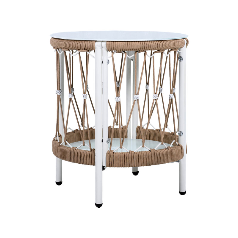 Table de bout de style bohémien 16,95 po avec corde tissée et verre trempé pour le divertissement extérieur