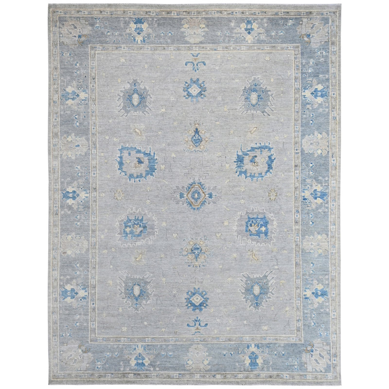 Tapis argenté et bleu noué à la main de haute qualité