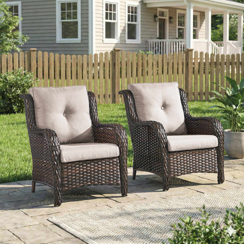 Ensemble de 2 chaises de patio en osier avec dossier haut, siège en rotin PE toutes saisons pour terrasse, Beige, Brun
