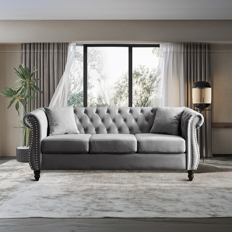 Classic Style Button Tufted Three-Seat Sofa, For Indoor Use, Grey Velvet