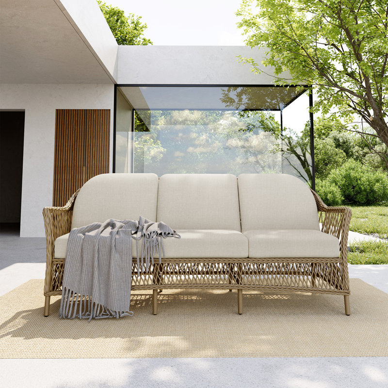 Kyla 1-Piece Wicker Patio 3-Seater Sofa With Beige Cushions