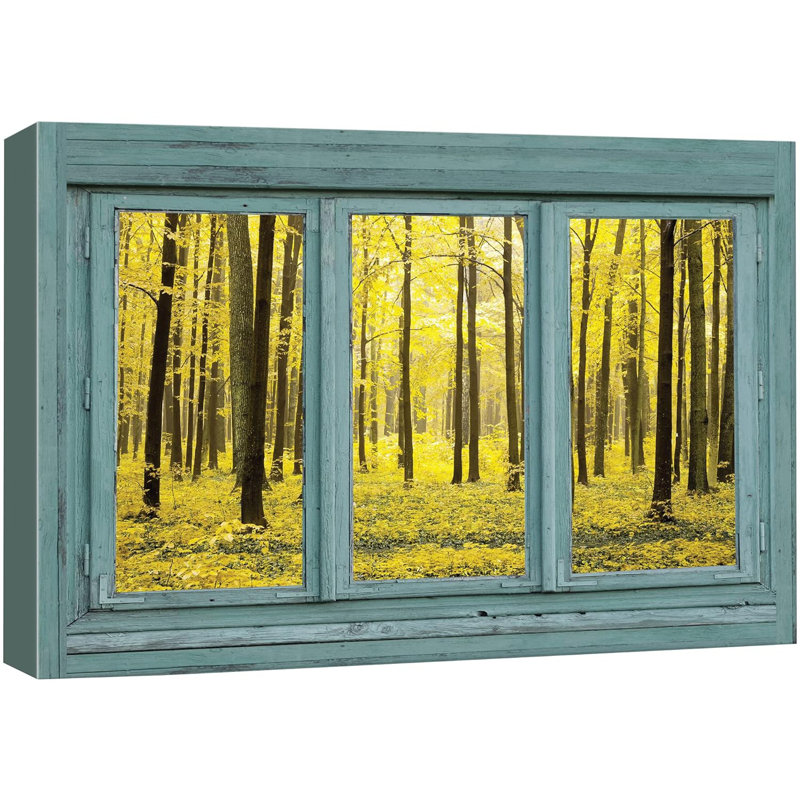 Scène de fenêtre «Yellow Forest In Vintage Teal Window» sur toile, H 16 po x l 24 po