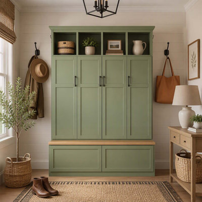 Modern Farmhouse Hall Tree with 4 Hidden Cabinets, Mudroom Coat Rack, Open Shelves, and 6 Hooks for Entryway Storage