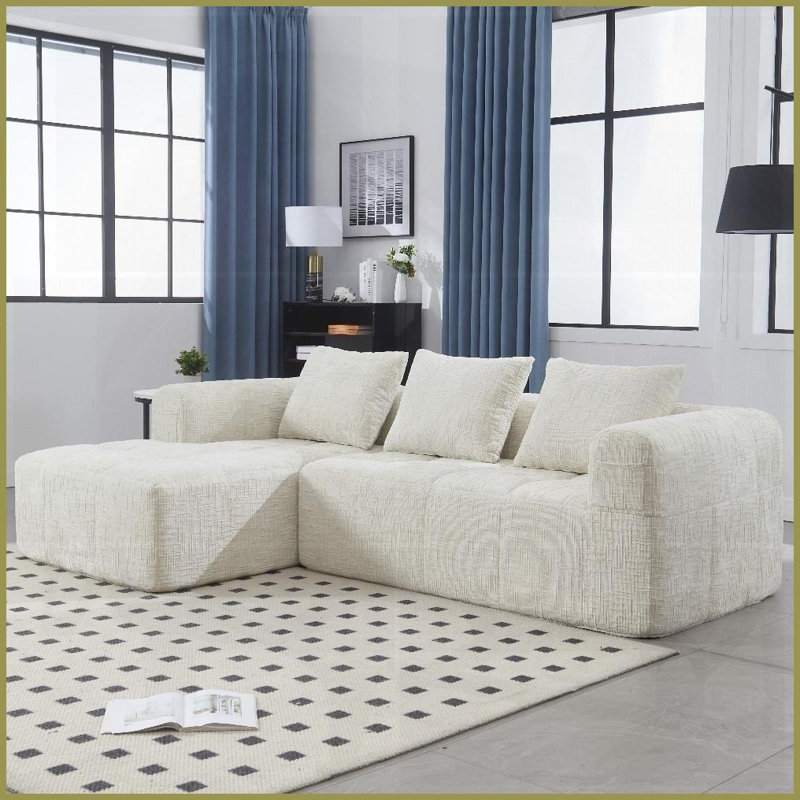 Canapé modulaire moderne en L de 98,42 pouces avec méridienne en chenille, sans assemblage pour le salon, Beige