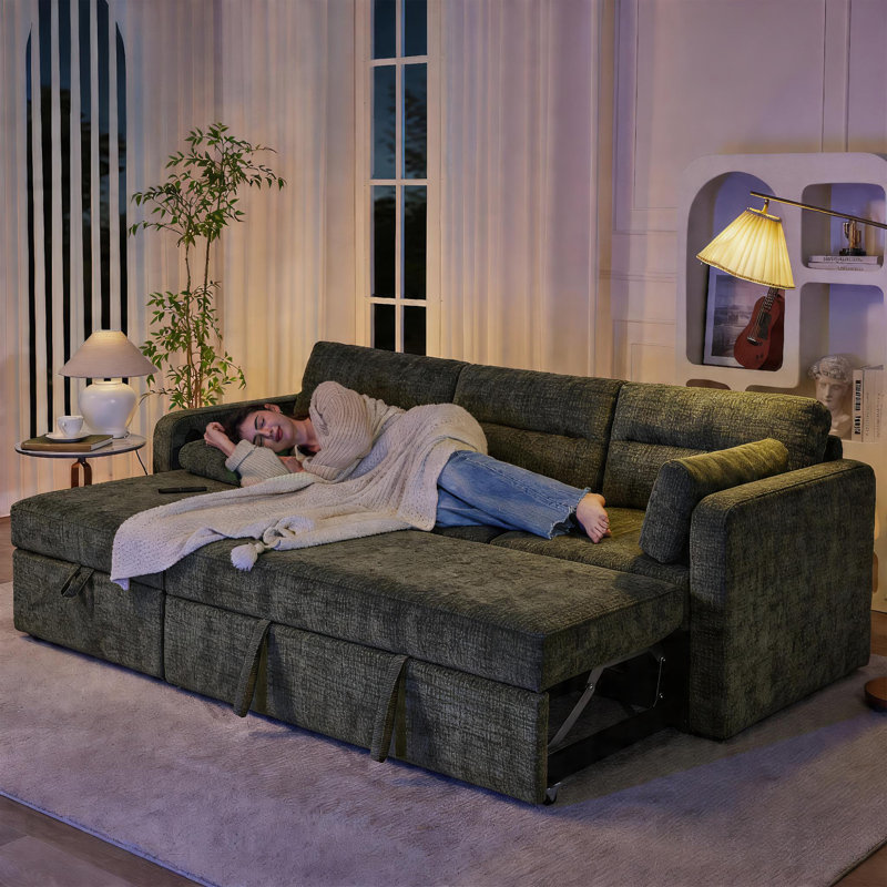 91''W Chenille Convertible L-Shaped Sectional Sofa Bed With Storage Two Pillows, Green Chenille