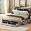 Grand lit avec plateforme en bois gris, rangement pour tête de lit, 4 tiroirs et support à chaussures-11360620