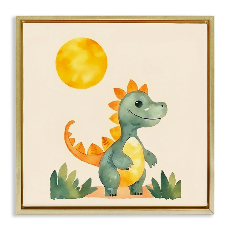 «Happy Dinosaur & Sun», art mural encadré flottant par Andrea Haase, Cadre flottant métallique doré, H 18 po x l 18 po