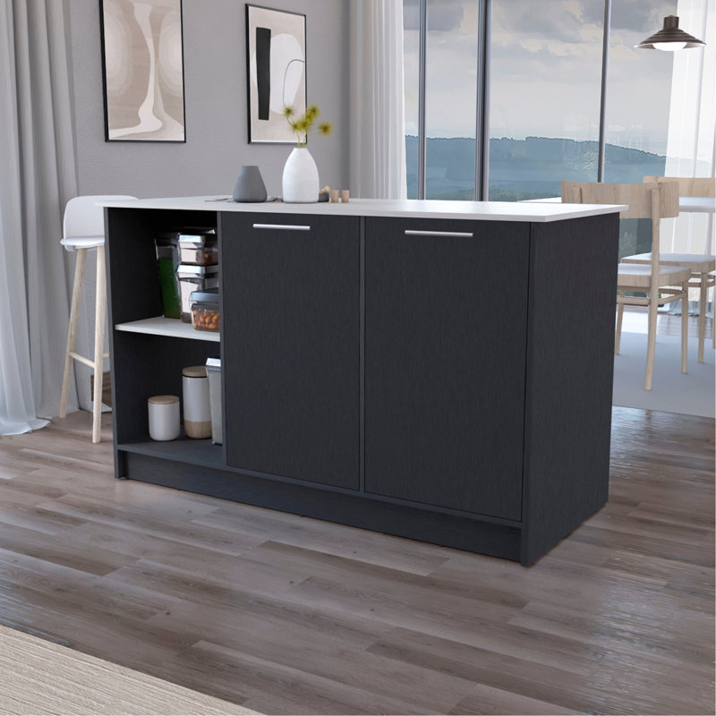 Rectangular Kitchen Island In Black And , Facilitate Meal Preparation Storage Organization With Inner Shelving For Better