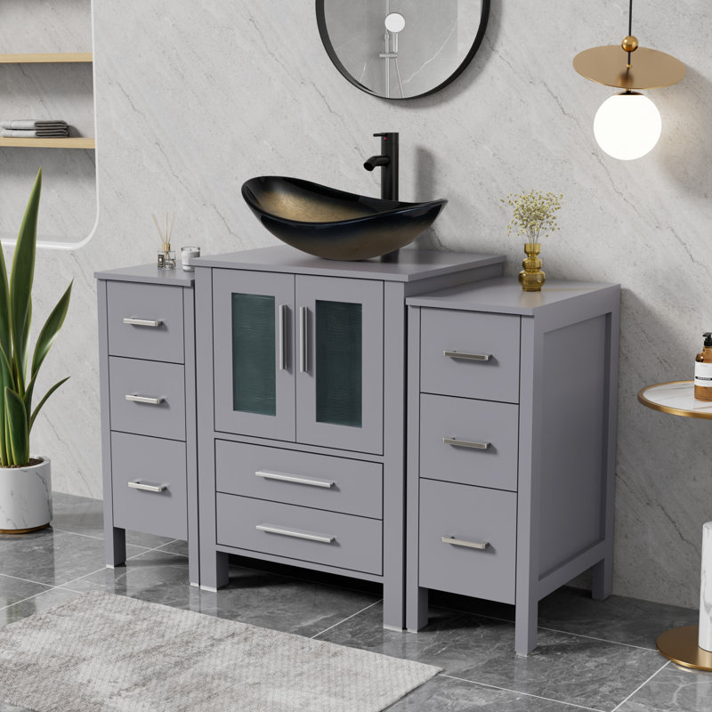 Sharee 48" Single Bathroom Vanity With Vessel Sink, Manufactured Wood Top, Faucet And Drain, Champagne, Black