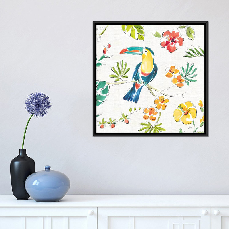«Tropical Oasis, White V», reproduction sur toile, H 37 po x l 37 po x P 1,5 po, Toile avec cadre noir, Pas de tapis