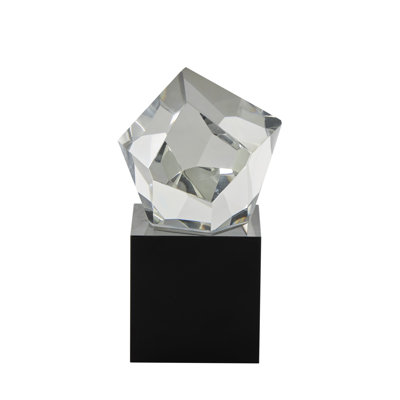 Wakenda Glass Cut Stone Inspired Abstract Decorative Clear Sculpture with Black Base