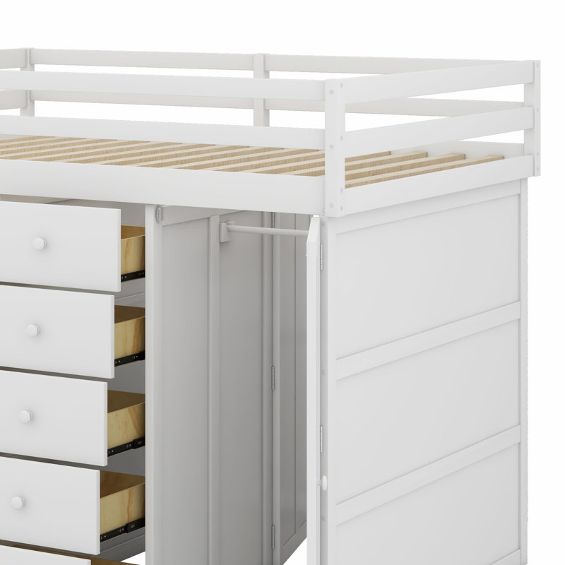 Lit superposé en bois avec petite armoire et 2 grands 5 petits tiroirs de rangement, Blanc