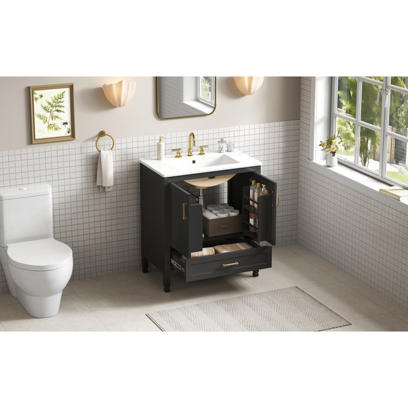 Meuble-lavabo cannelé élégant avec lavabo en céramique, boîte simple, pieds en bois massif, portes et tiroir à fermeture en douceur, tablette de porte, noir, meubles-lavabos